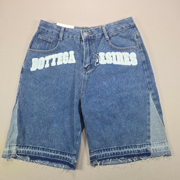 Bottega Desires Other - Bottega Desires Denim Shorts Chenille Patch Raw Hem Blue Mens Size L